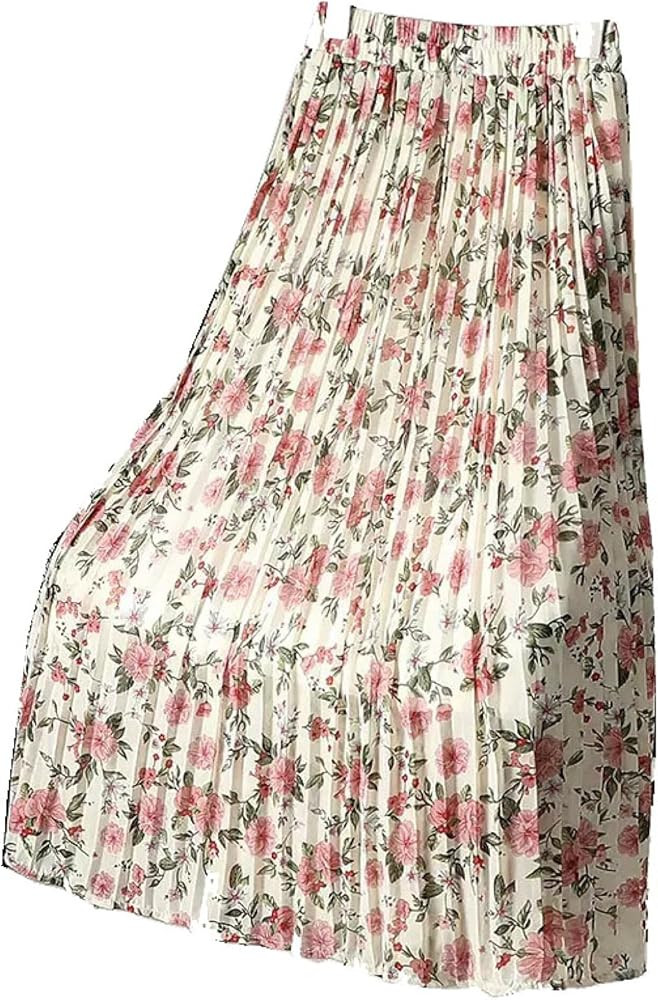 Women's Floral Print Midi Skirt, Elastic Waist Pleated Chiffon Fabric Skirt Flowy Casual Skirts f... | Amazon (US)