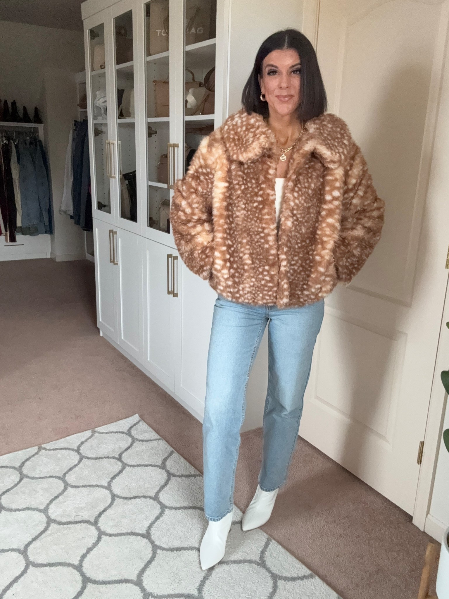 Love this Target fur!!! Size small in fur 
Size 2 in jeans regular length 

#LTKSeasonal #LTKFindsUnder100 #LTKSaleAlert