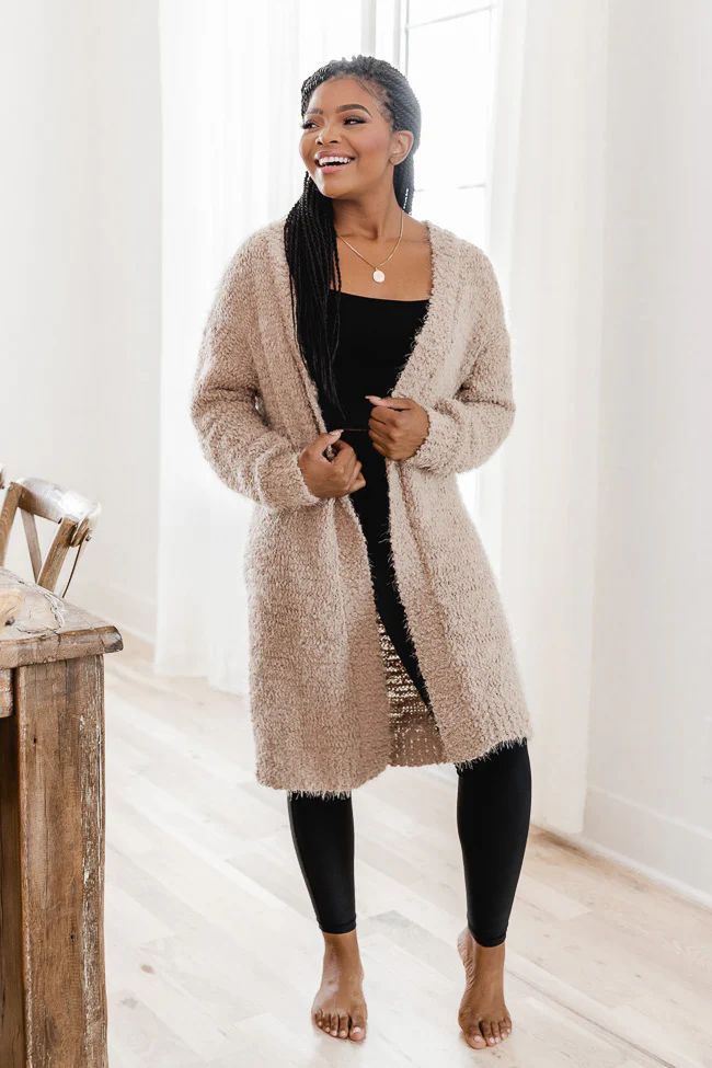 You're A Mind Reader Taupe Fuzzy Cardigan | The Pink Lily Boutique