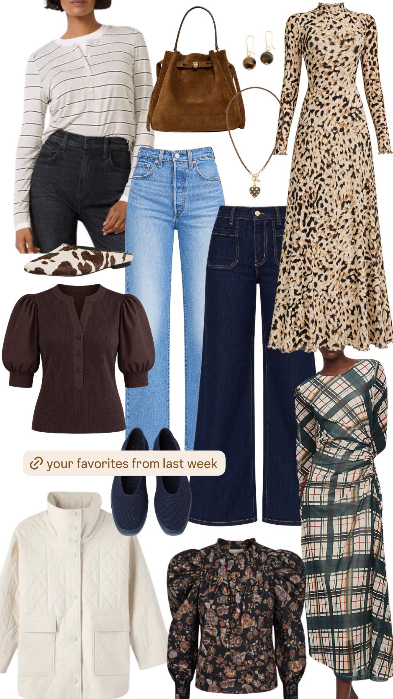 your favorites from last week and this is such a good mix of fall staples + fun statement pieces. lots of really good denim, easy layers, chocolate brown accessories, and a few dresses that can take you from dinner to fall events. clearly we’re all on the same page about leopard, plaid, and a good suede bag right now.  

 #LTKSeasonal