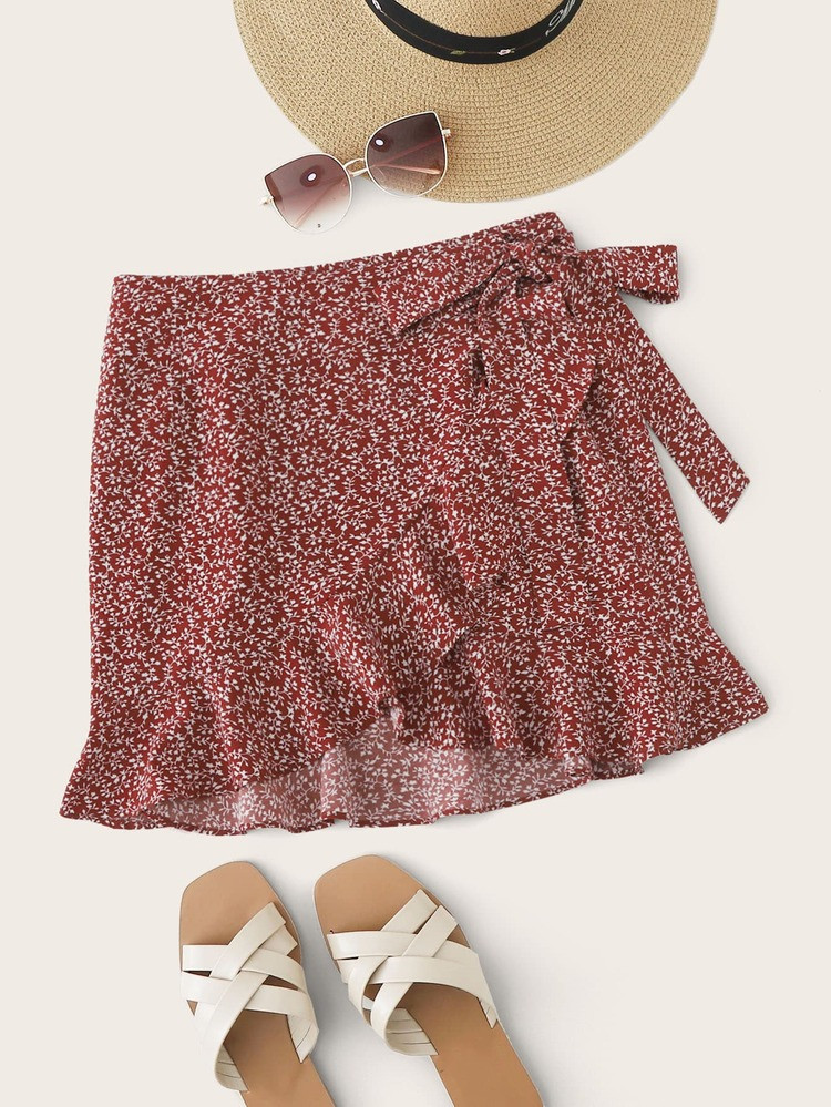 SHEIN Ruffle Hem Wrap Knot All-over Print Skirt | SHEIN
