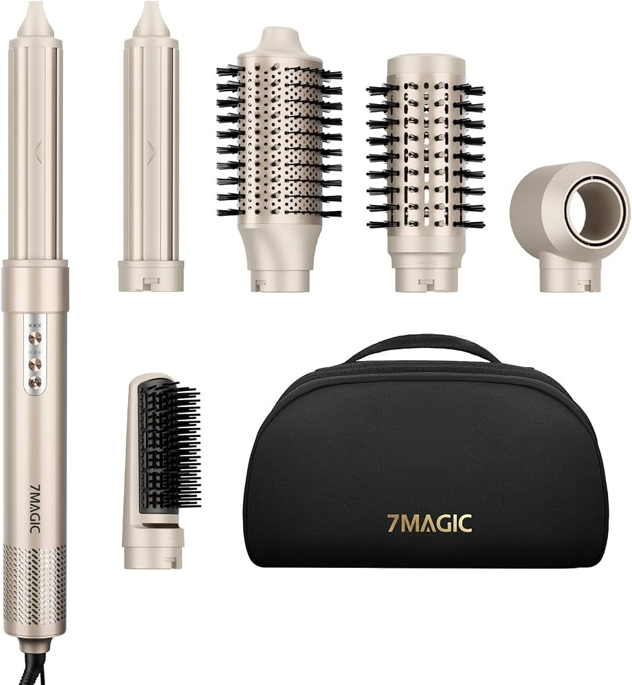 7MAGIC 6-in-1 Hair Dryer Brush, Hot Air Styler with Auto-Wrap Curlers Gold | Amazon (US)