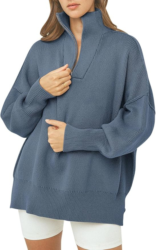 LOGENE Women's 1/4 Zipper Sweatshirt Long Sleeve Oversized Slit Side Knit Pullover Sweaters | Amazon (US)