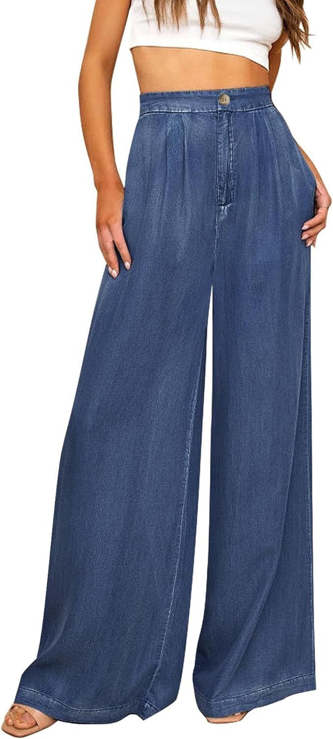 GRAPENT 2023 Wide Leg Pants for Women High Waisted Jeans Palazzo Pants Lightweight Summer Beach F... | Amazon (US)