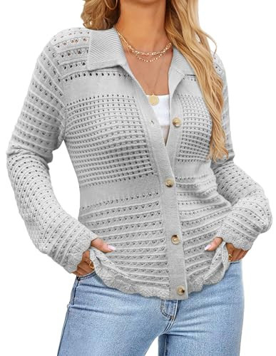 Cardigan Sweaters for Women Lightweight Button up Long Sleeve Cropped Womens Cardigan Grey L | Amazon (US)