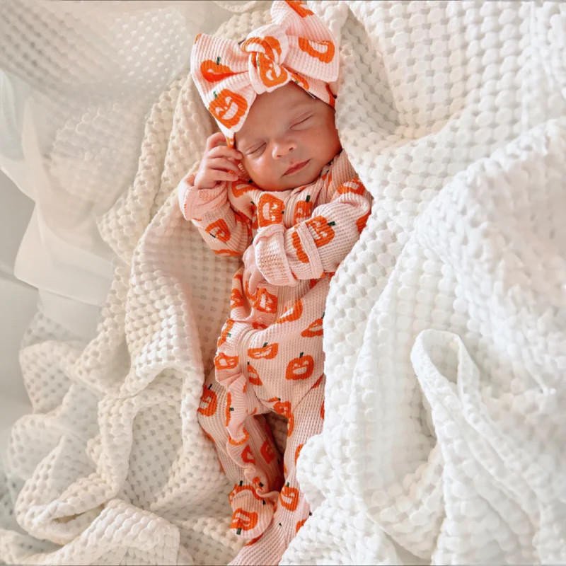 Organic Waffle Ruffle Zip Footie, Blush Jack-O-Lantern | SpearmintLOVE