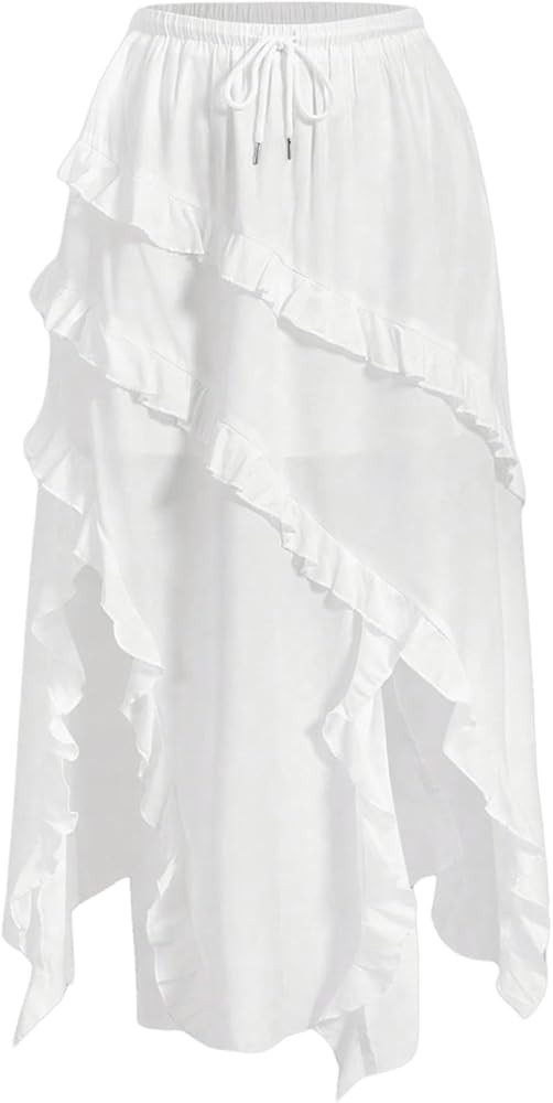 SHENHE Women's Asymmetrical Ruffled Skirt Drawstring Summer Flowy Long Skirt with Slit | Amazon (US)