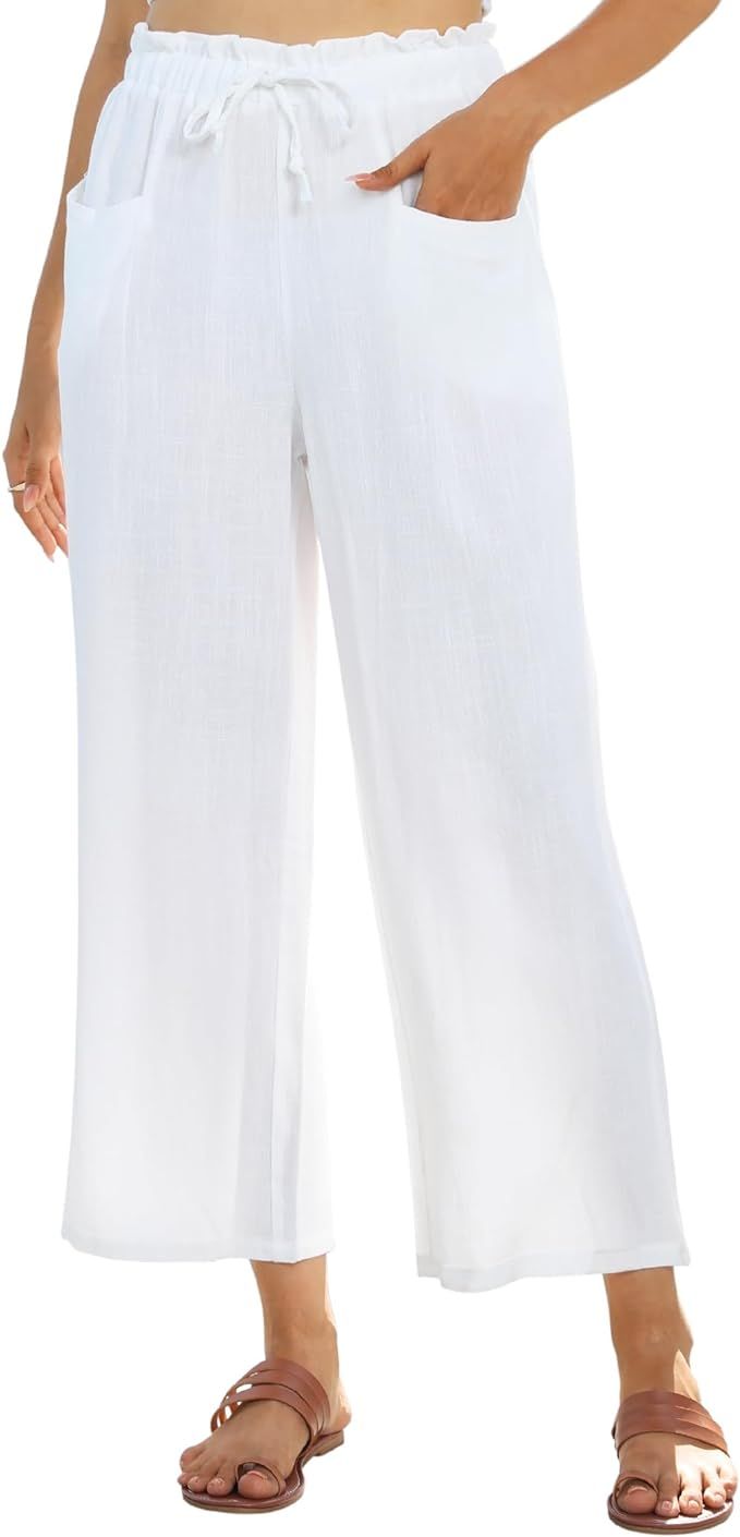 siliteelon Wide Leg Linen Pants for Women Summer Capri Palazzo Flowy Pants Casual Loose High Wais... | Amazon (US)