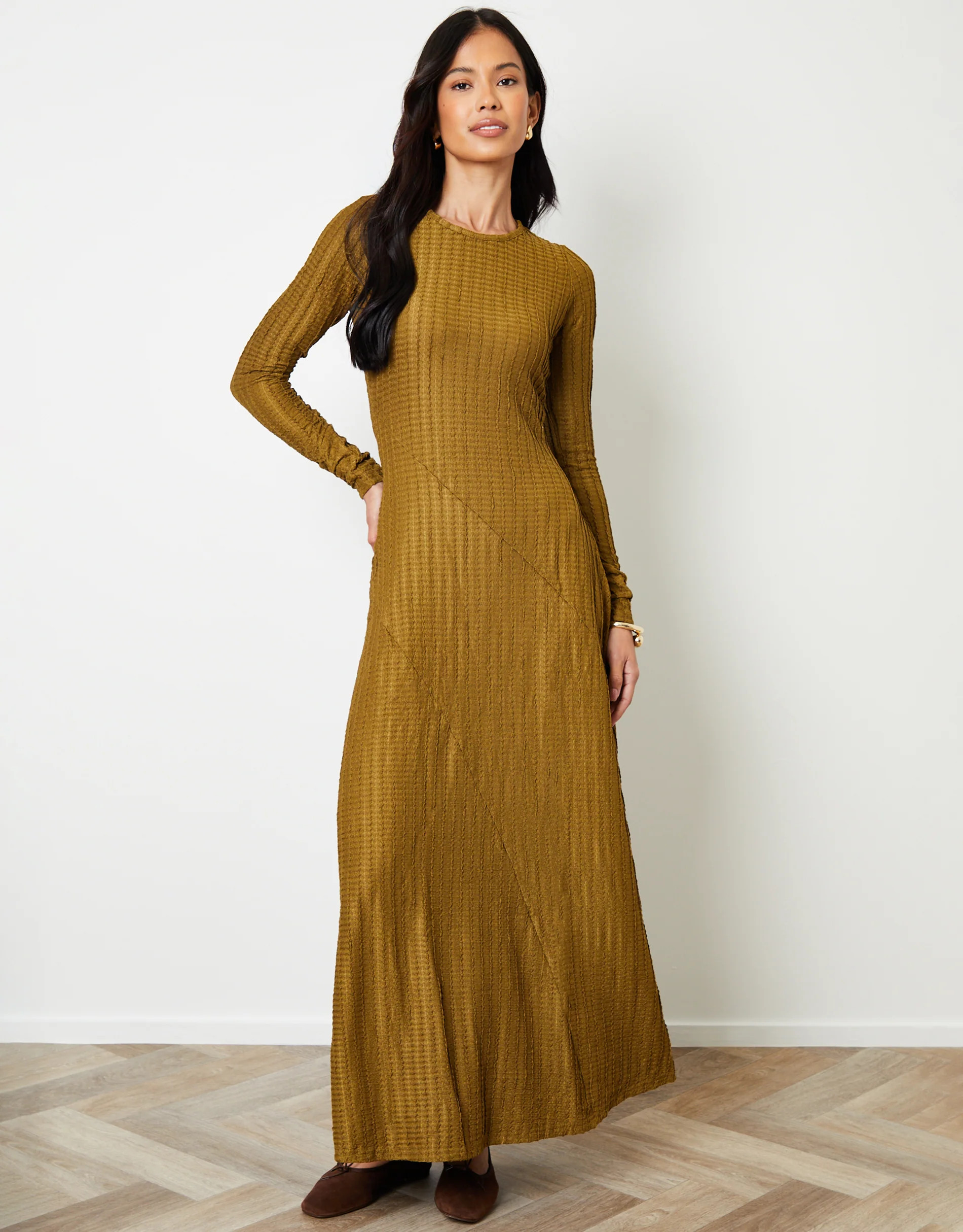 Olive Green Textured Jersey Seam Detail Maxi Dress | Threadbare
