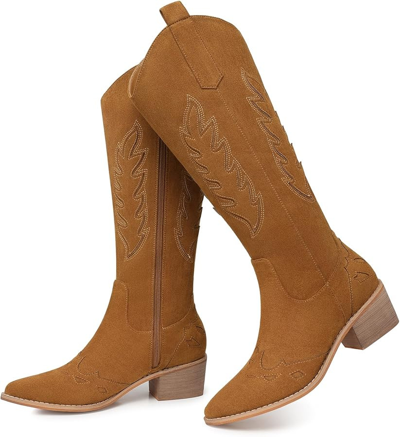 SHIBEVER Cowboy Boots for Women Knee High Suede Pointed Toe Cowgirl Boots Embroidered Pull-On Chu... | Amazon (US)