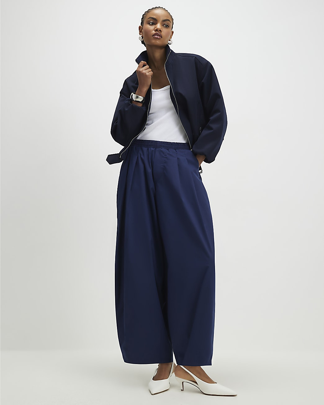 Navy Barrel Leg Trousers | River Island UK & IE