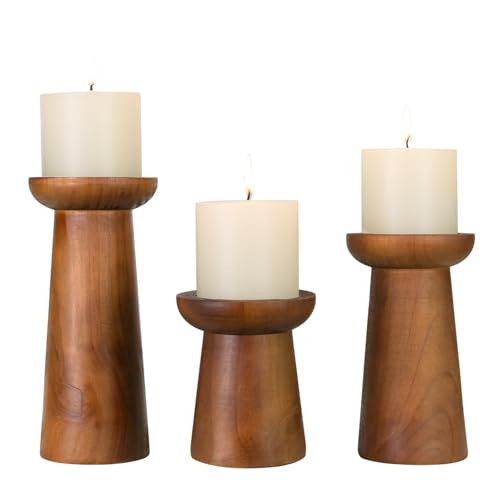 Pillar Candle Holders Set of 3， Wooden Candle Holders， Decorative Wood Candlestick Holders for Living Room, Table Centerpiece for Wedding, Christmas, Party, Home - 4", 6", 8" | Amazon (US)
