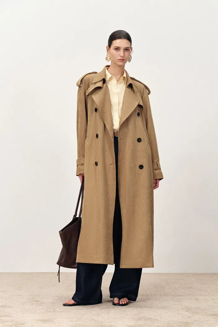 Astrid Detachable Epaulette Trench Coat in Faux Suede | Fabrique