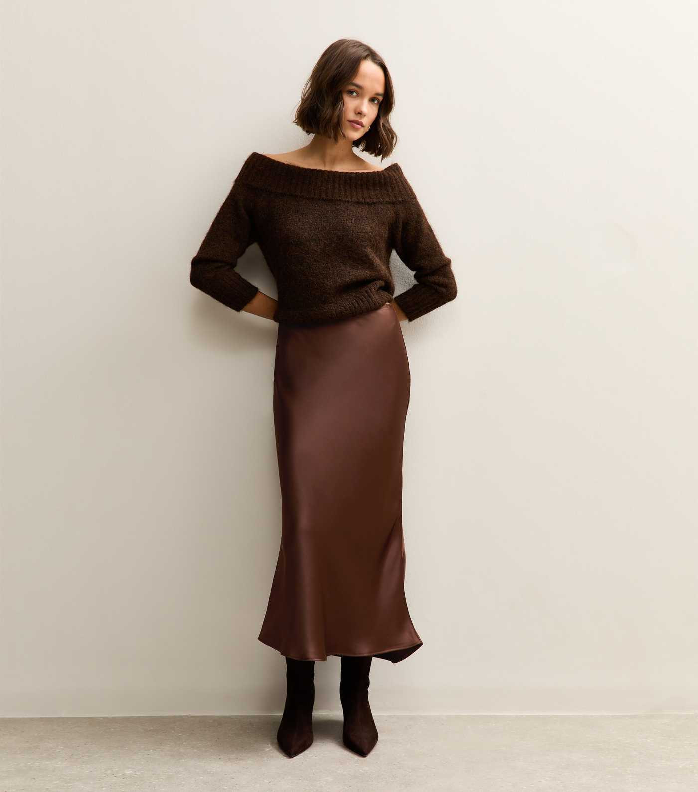 Dark Brown Satin Bias Cut Midi Skirt | New Look | New Look (UK)