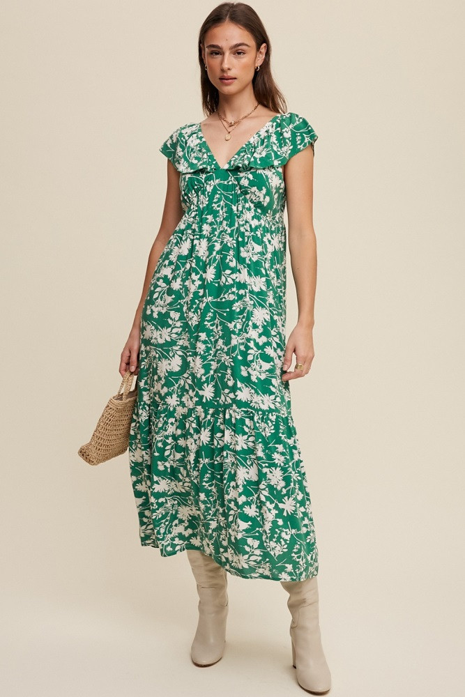 Green Floral Ruffle Midi Dress | PinkBlush Maternity