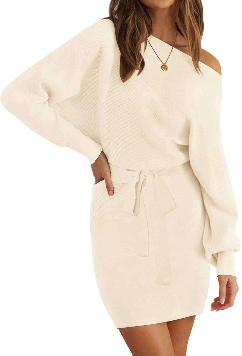 ZCSIA Women's Long Batwing Sleeve Boat Neck Off Shoulder Tie Waist Knitted Bodycon Mini Sweater D... | Amazon (US)