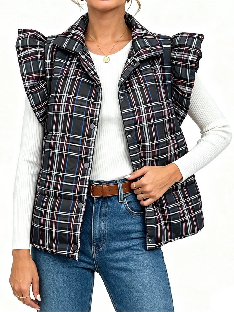 Womens Plaid Puffer Vests Ruffle Sleeveless Lightweight Quilted Vest Fall Winter Padded Gilets Co... | Walmart (US)