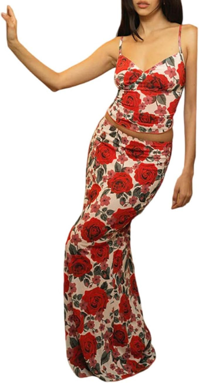OUSHOP Sexy 2 Piece Maxi Skirt Sets for Women Floral Print Bodycon Crop Cami Tank Top and Mermaid... | Amazon (US)