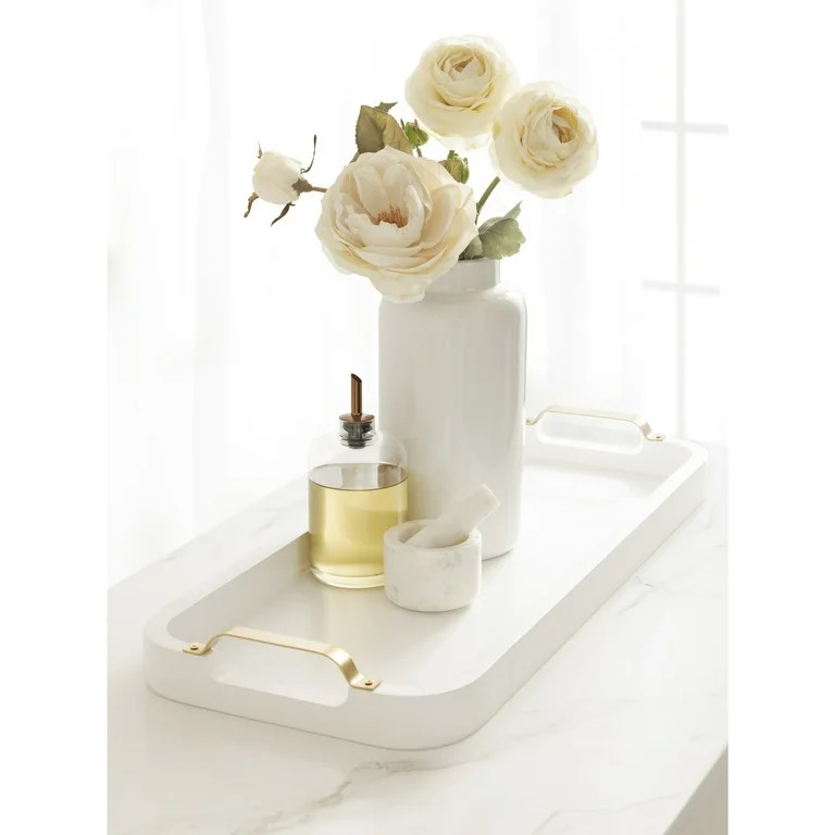 Kate and Laurel Farson Modern Decorative Wood Rectangle Tray with Handles, 10 x 24, White and Gol... | Walmart (US)