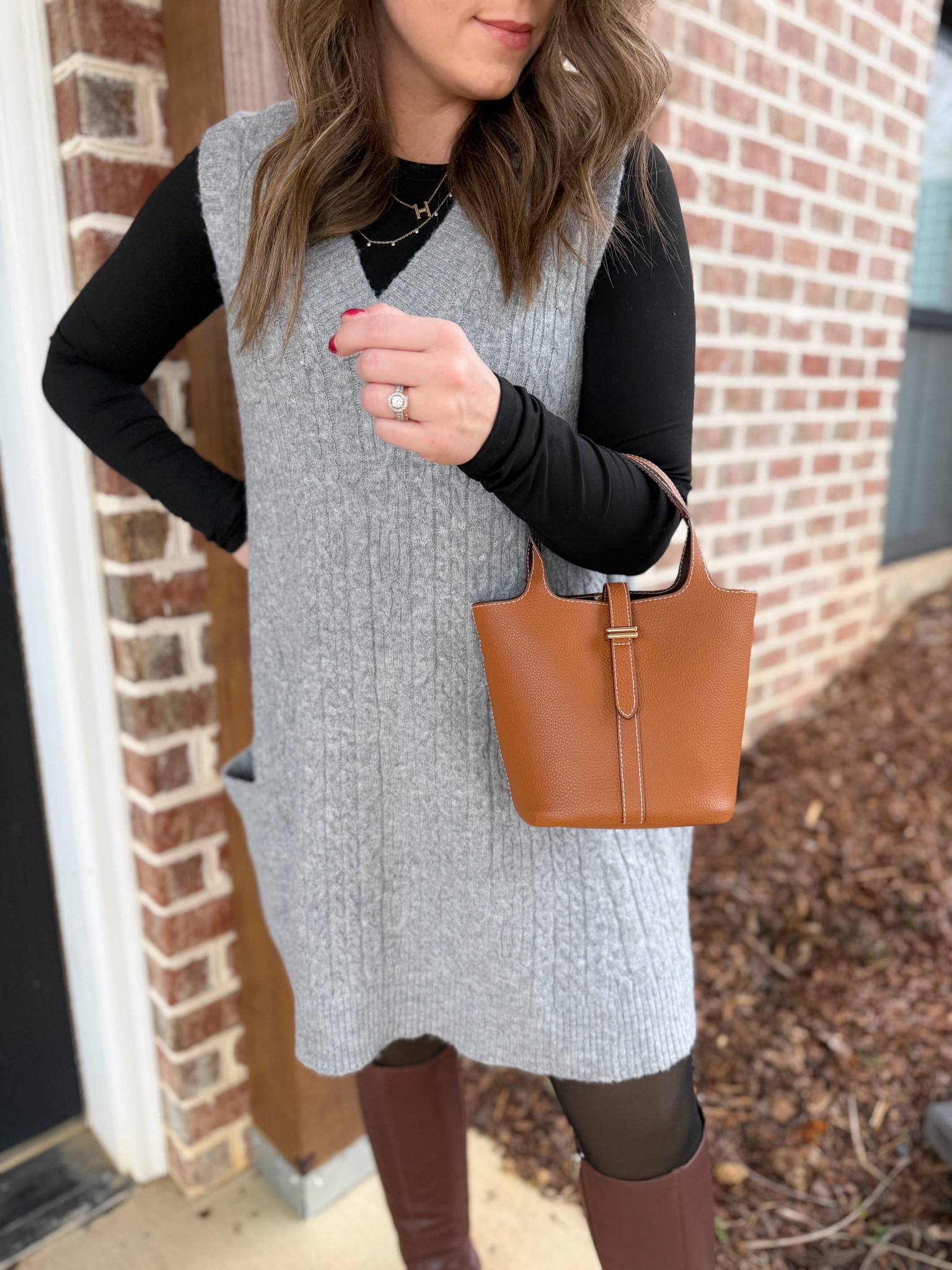 Holiday outfit inspo! This sweater dress is comfy, stretchy, bump & buffet friendly! This bucket bag from Target makes this outfit look so chic! 

#LTKootd #LTKSeasonal #LTKHoliday