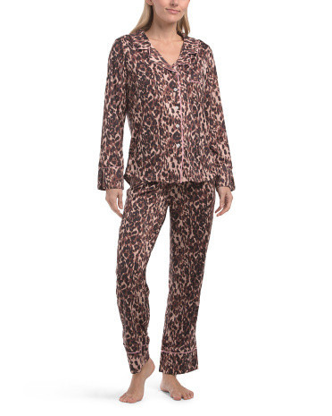 2Pc Long Sleeve Cheetah Print Notch Collar Pajama Set For Women, Spandex/Polyester | TJ Maxx