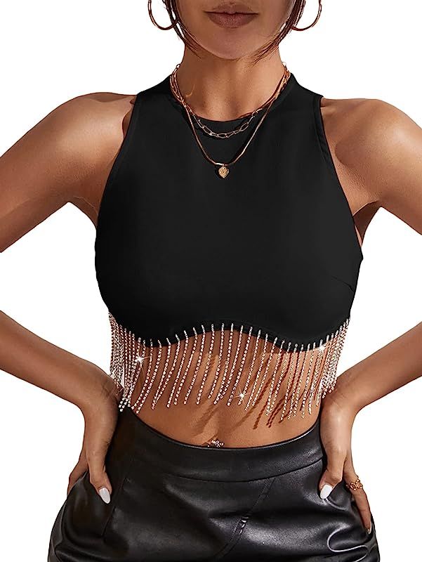 Milumia Women Rhinestone Fringe Zip Back Sleeveless Round Neck Fitted Crop Tank Tops | Amazon (US)