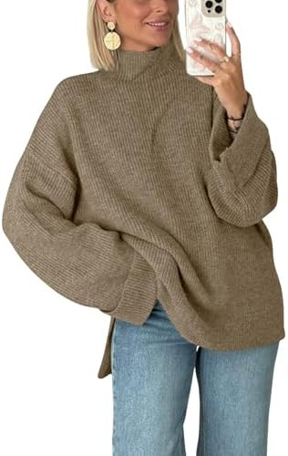 Antnation Oversized Womens Knit Sweater Cozy Ribbed Turtleneck Pullover with Side Slits | Amazon (US)