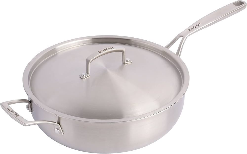 Babish Tri-Ply Stainless Steel Professional Grade Saute Pan w/Lid, 5-Quart | Amazon (US)