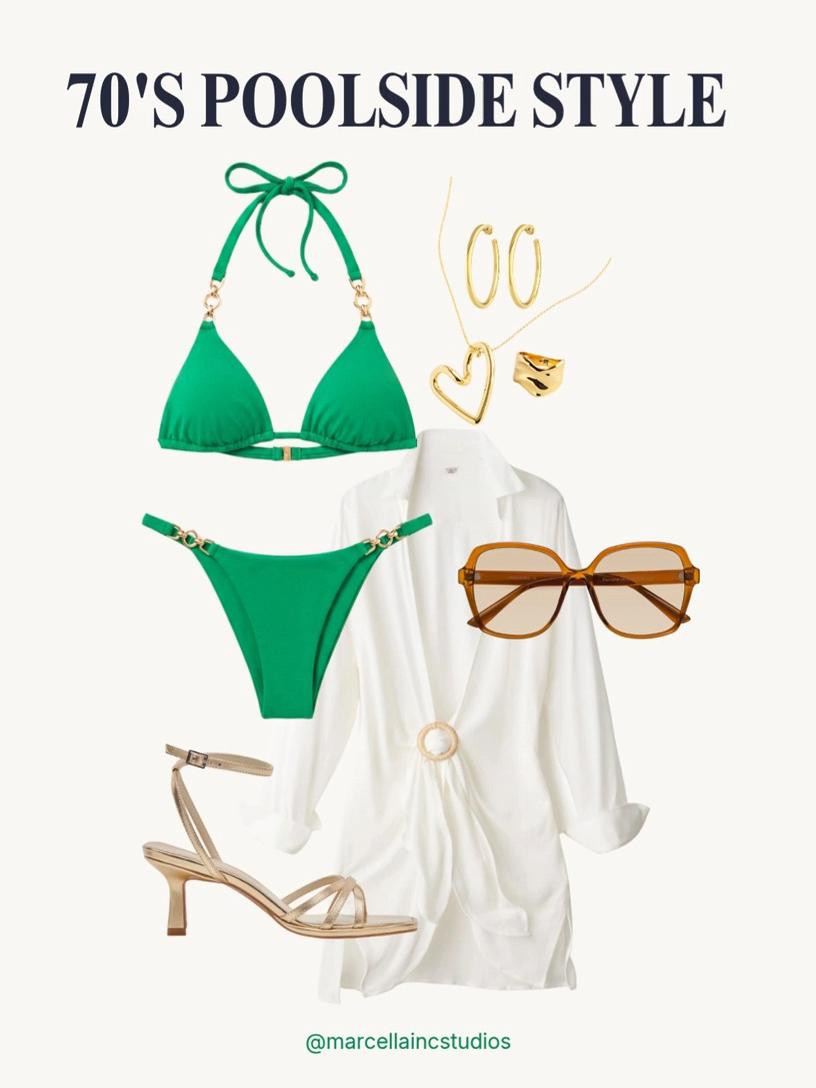 Channeling ultimate retro resort vibes for a day by the pool or out on the water. This effortless look pairs a chic  green bikini with a white linen button-down as a lightweight cover-up. Styled with timeless gold hoops, a heart pendant necklace, and gold heels to complete the 70s disco vibe. Perfect for your next coastal getaway or yacht rock summer. 🌴☀️⛵️
#SwimSeason
#ResortWear
#VacationStyle
#SummerOutfits
#QuietLuxury
#greenbikini
#goldheels

#LTKootd #LTKSwim #LTKTravel