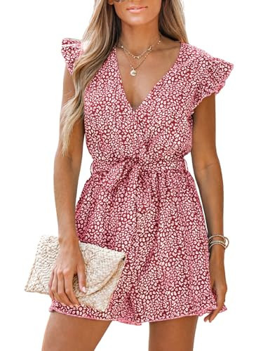 CUPSHE Women's Romper V Neck Floral Belted Elastic Waist Romper Ruffled Flutter Sleeves Mini Jumpsuit Red, S | Amazon (US)
