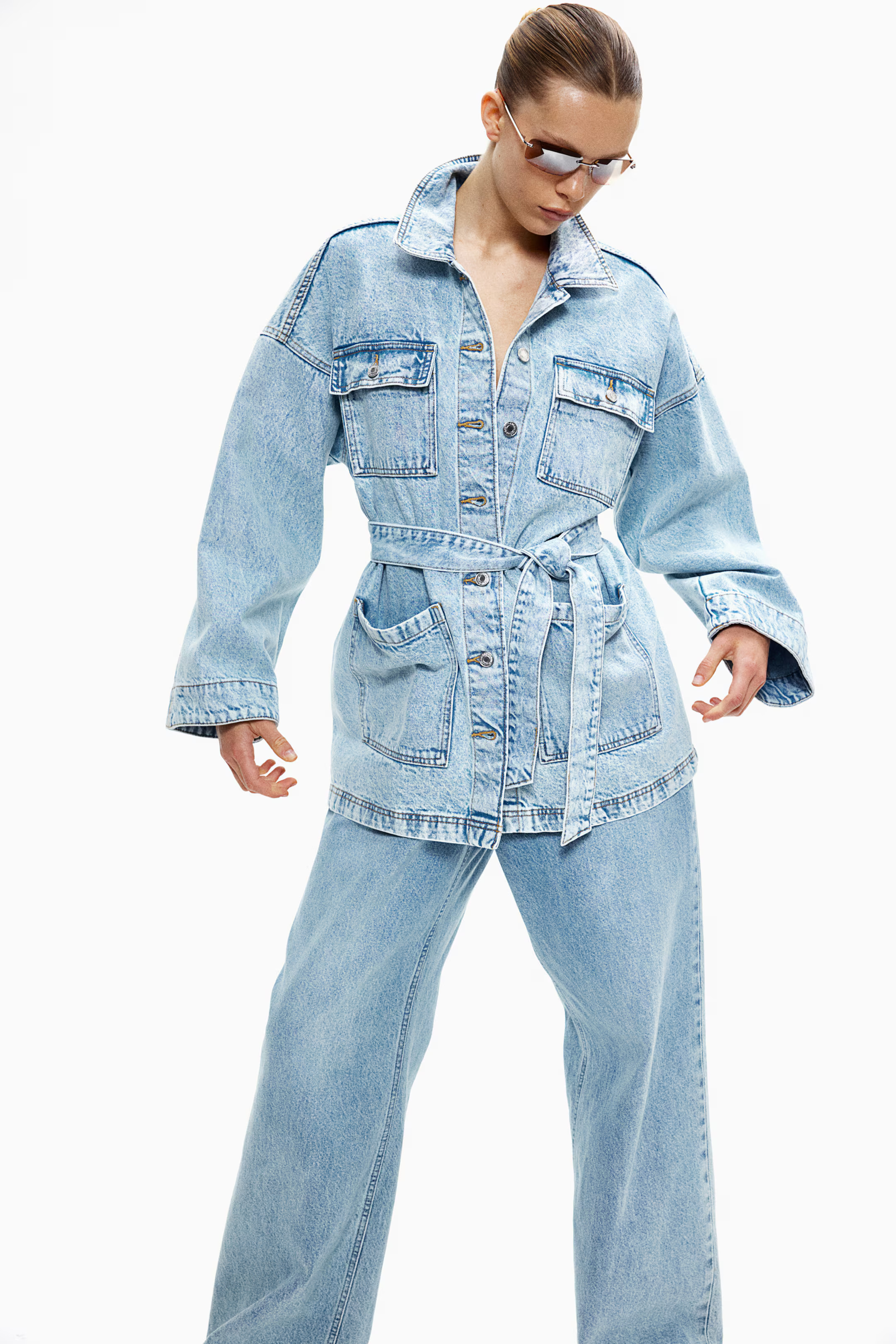 Tie-Belt Denim Jacket - Long sleeve - Regular length - Pale denim blue - Ladies | H&M US | H&M (US + CA)