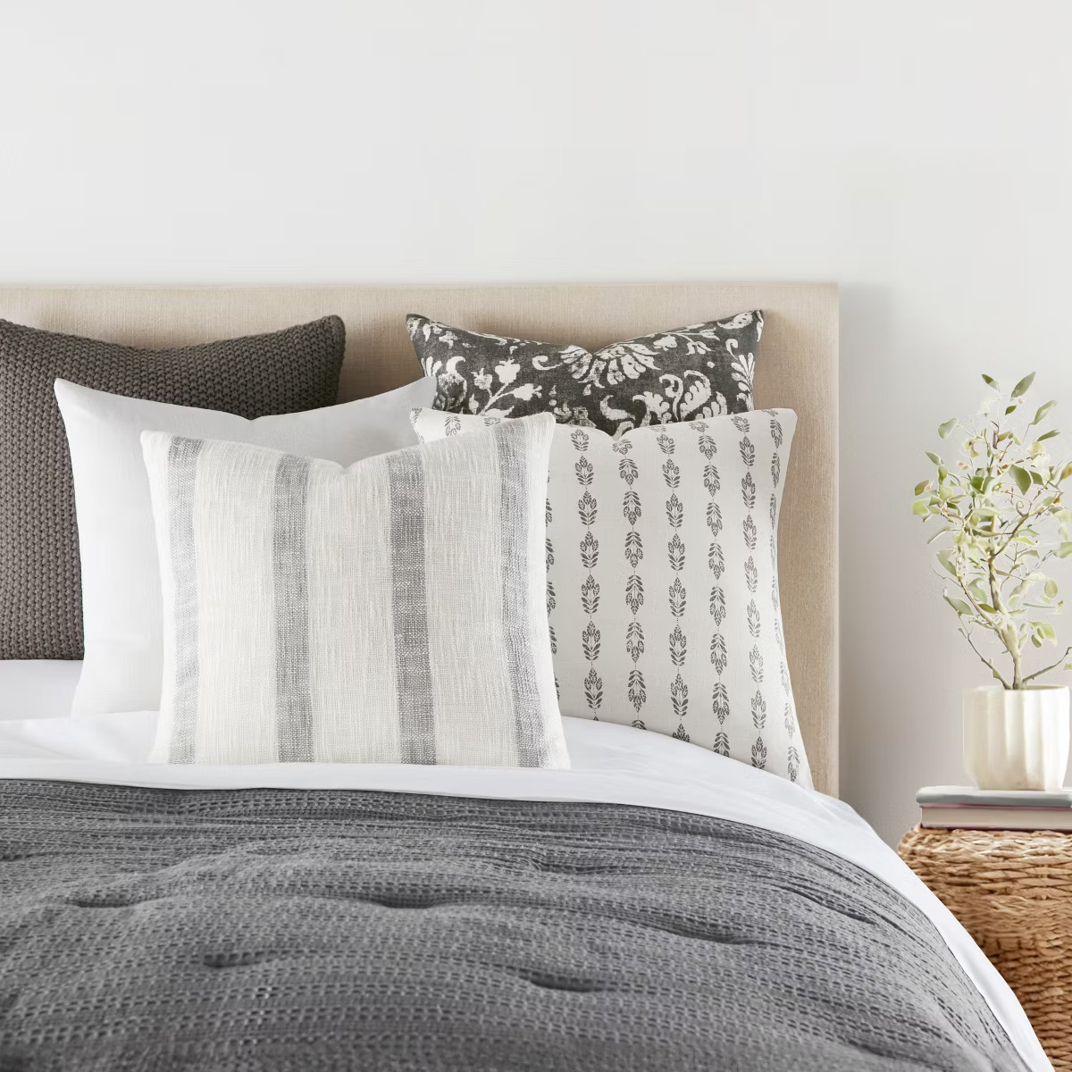 2-Pack Gray Throw Pillows Seed Stitch Knit with Cotton Patterns in Folk Leaves - Becky Cameron, G... | Target