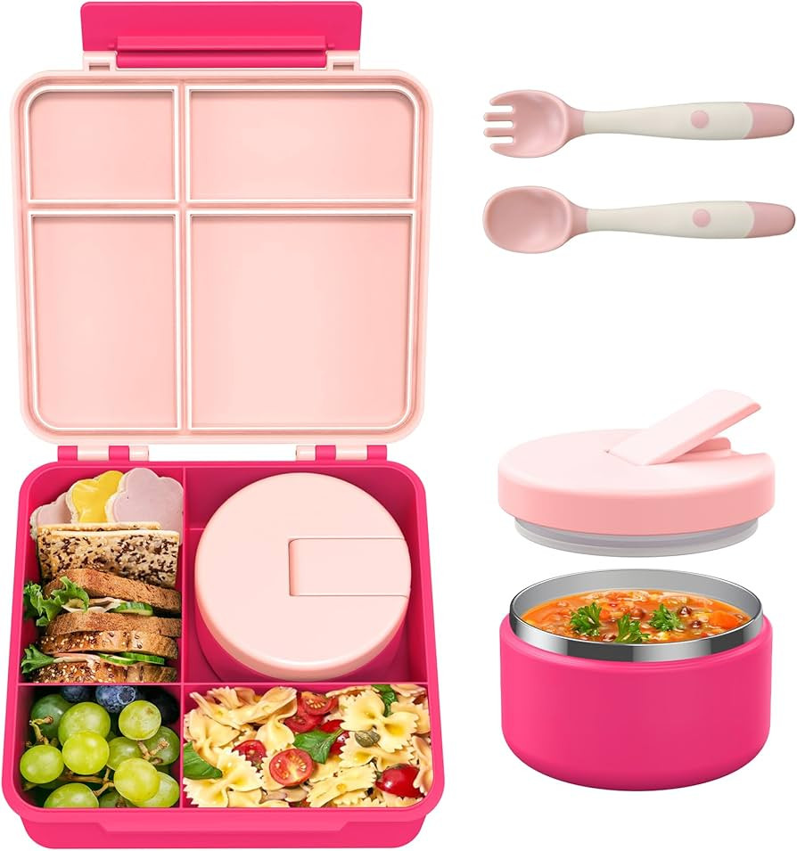 Bento Lunch Box with 8oz Soup Thermo, Leak-Proof Lunch Containers with 4 Compartment, Thermo Hot ... | Amazon (US)