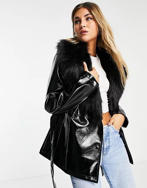 Topshop PU & faux fur trim short belted coat in black | ASOS (Global)