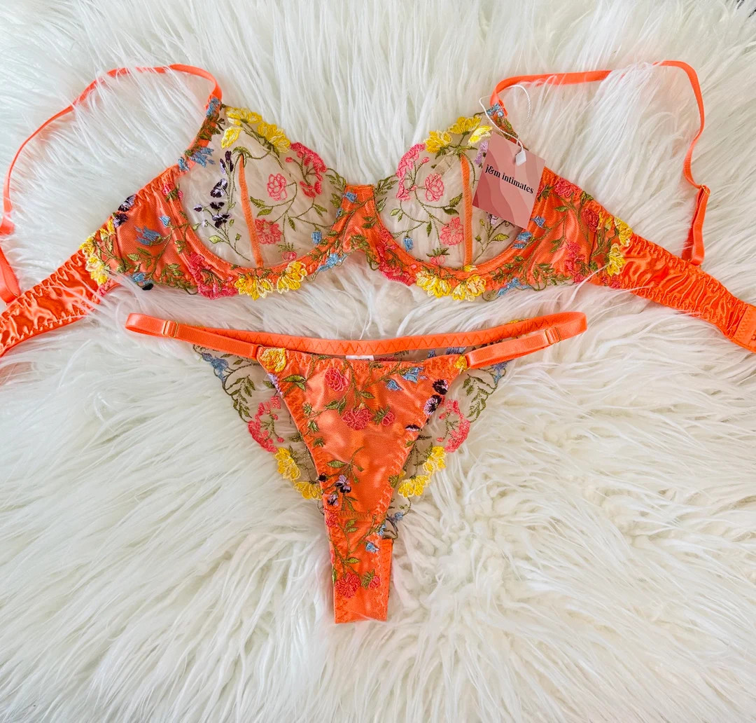Orange Silky Floral Lace Lingerie, Embroidery, Gift for Her, Bridal Gift - Etsy | Etsy (US)