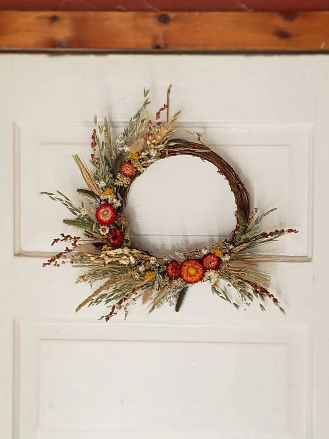 Red Yellow Green White, Thanksgiving Harvest Wreath Strawflowers Fall Wreath Grains Dried Flowers... | Etsy (US)