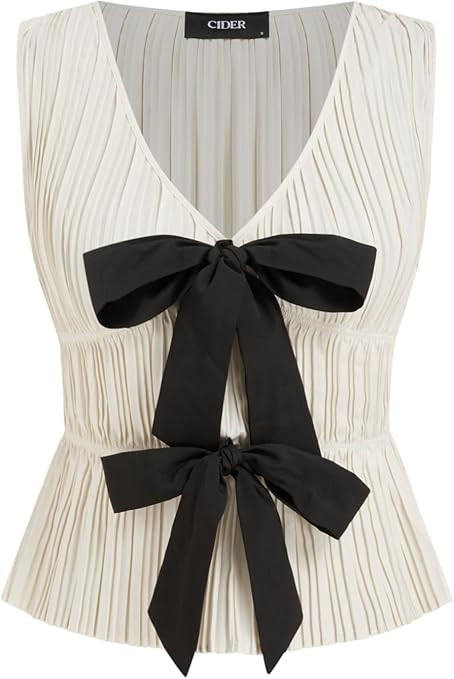 CIDER Bow Tie Front Tops Women Sleeveless Pleated Deep V Neck Tank Tops Going Out Casual Blouse C... | Amazon (US)