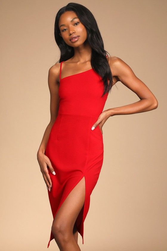 Red Asymmetrical Midi Dress Red Dress Wedding Guest Dress Party Dresses Evening Dresses Spring Dress | Lulus (US)