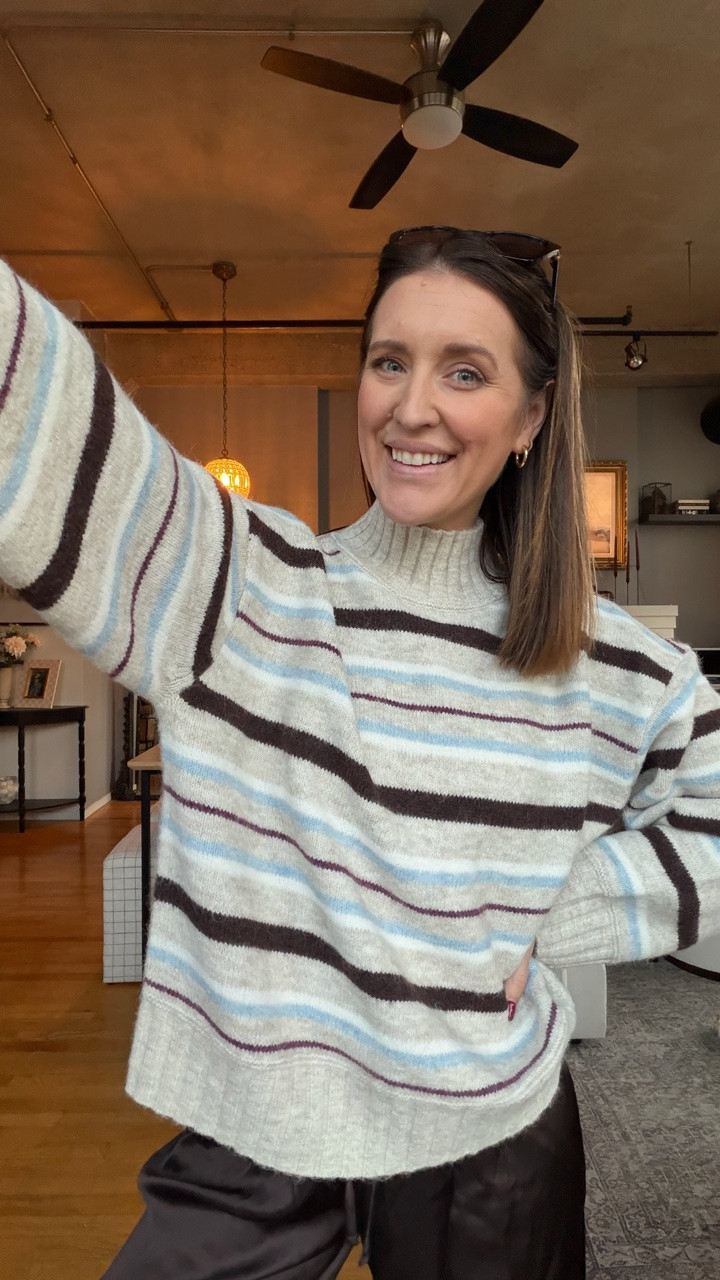 Obsessed with this striped sweater + satin pants combo! I wore these pants through pregnancy and sized up 1. Sweater is TTS. @abercrombie sale up to 30% off sweaters + STACKABLE code: AFLTK for extra 20% off almost everything else