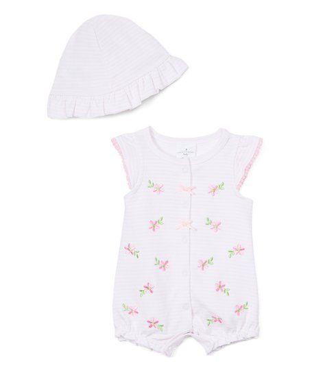 White & Pink Angel-Sleeve Romper & Bonnet - Newborn & Infant | Zulily