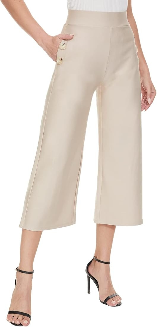 Ginasy Black Wide Leg Pants for Women Business Casual Dress Pants Stretch High Waist Crop Capris ... | Amazon (US)