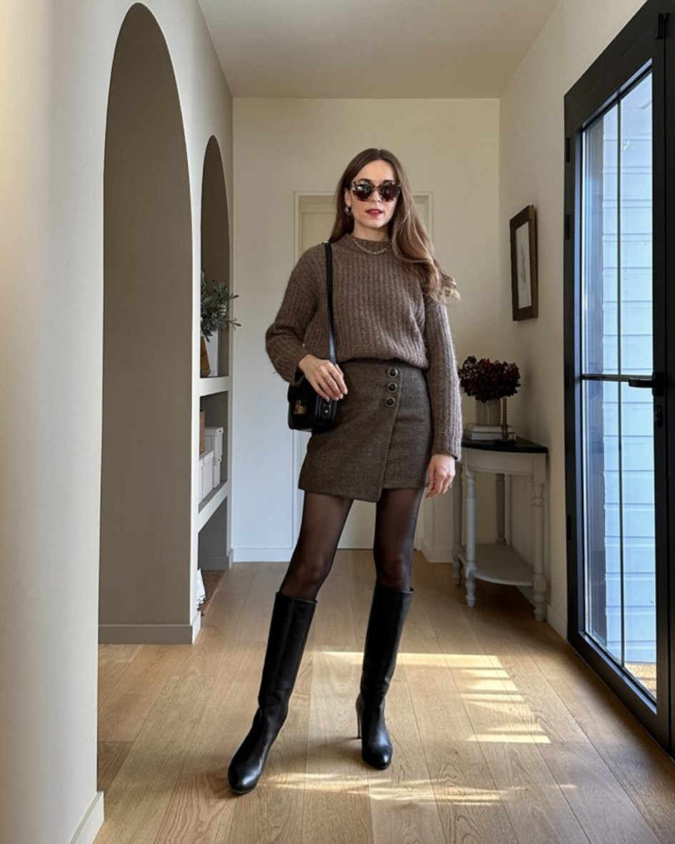 Look du jour 
pull en laine marron, maille marron, bottes Bobbies, bottes hautes en cuir noir, petit sac bandoulière noir 

#LTKstyletip #LTKshoecrush