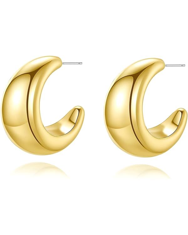 Gold Chunky Hoop Earrings for Women Stud Half Open Earrings 18K Gold Filled Big Simple Hypoallerg... | Amazon (US)