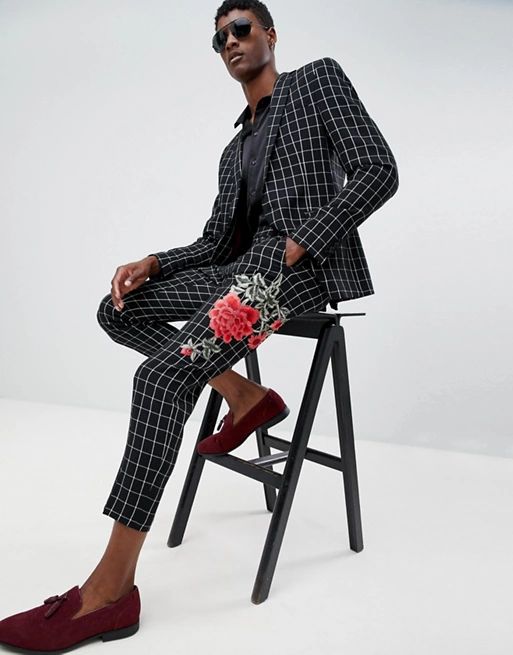 ASOS DESIGN skinny cropped suit trousers in black and white check with embroidery | ASOS UK