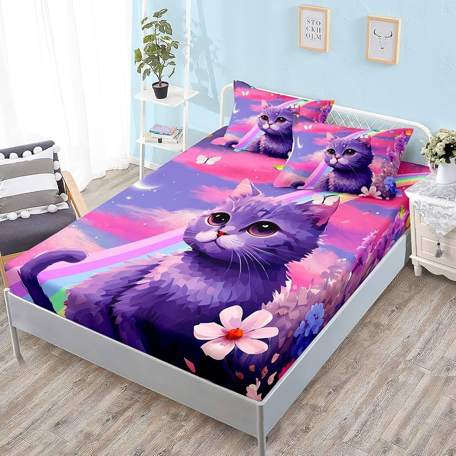 HOSIMA Cat Fitted Sheet Rainbow Floral Fitted Sheet,Kawaii Toddler Bedding Sets for Girls Teens R... | Amazon (US)