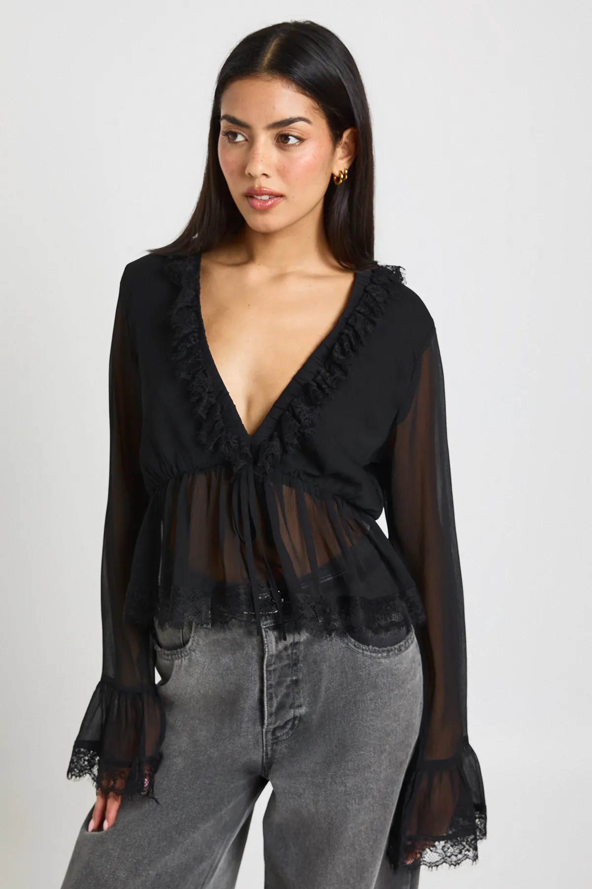 Black Lace Trim Chiffon Ruffle Blouse | Boohoo USA | boohoo (US & Canada)