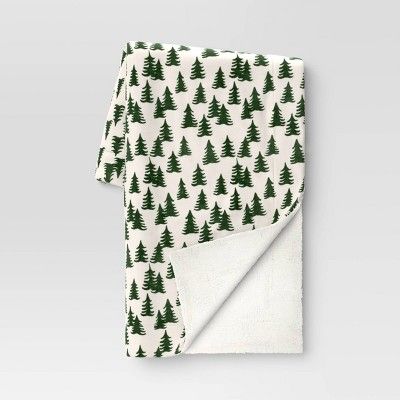 Christmas Trees Printed Plush Christmas Throw Blanket with Faux Shearling Reverse Ivory/Green - T... | Target