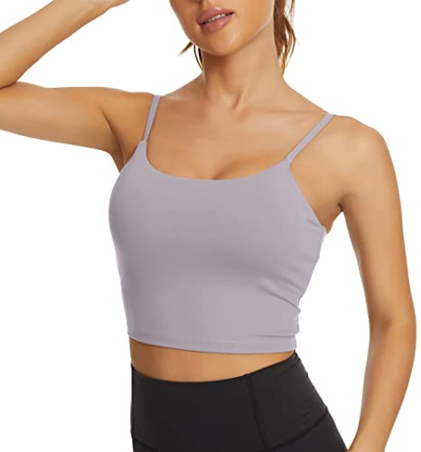 Tandisk Women Sports Bra Longline Crop Tank Top Padded Workout Running Yoga Light Grey L | Amazon (US)