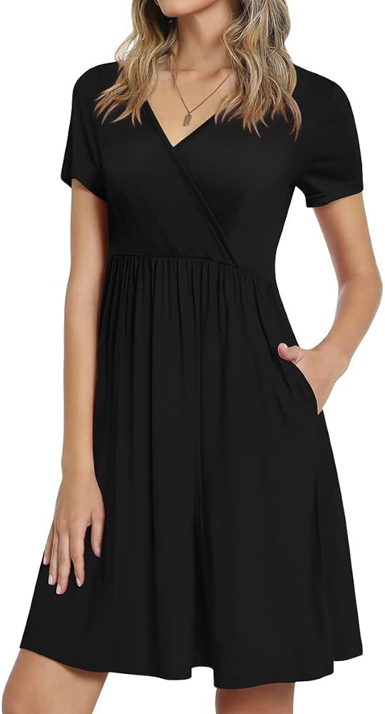 CATHY Womens Summer 2022 Casual Dress Short Sleeve V Neck Dresses Loose Comfy Beach Sundress with... | Amazon (US)
