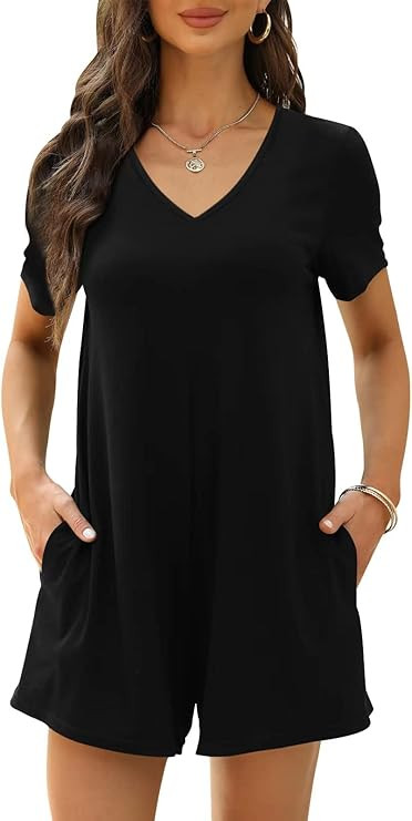 Women's Summer Short Sleeve V Neck Short Jumpsuit Loose Casual Romper with Pockets | Amazon (US)